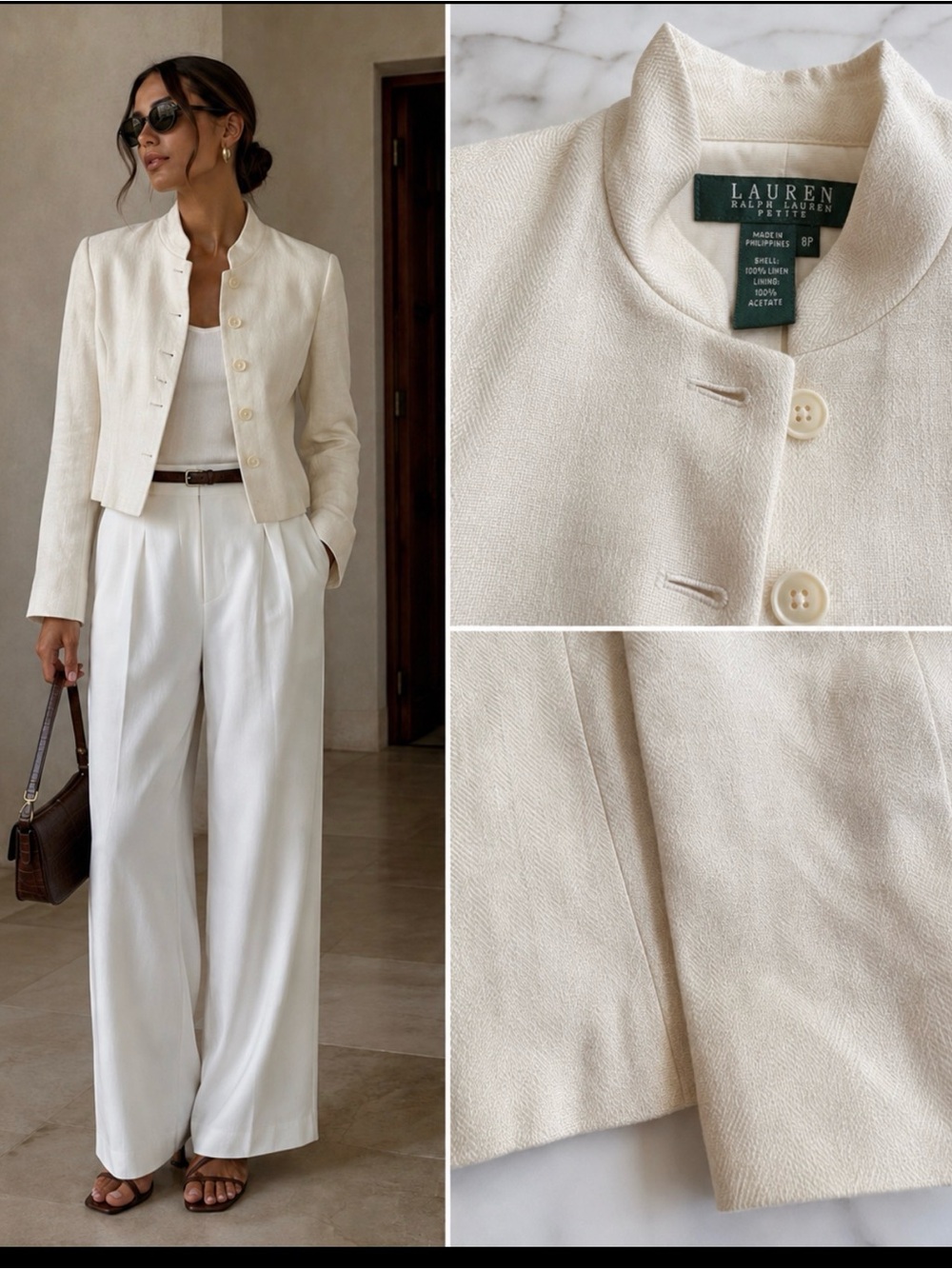 Lauren Ralph Lauren 100% Linen Ivory Cropped Jacket Blazer Size 8P Petite Quiet
